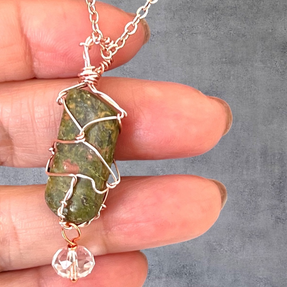 Rose gold plated wire wrapped natural stone pendant